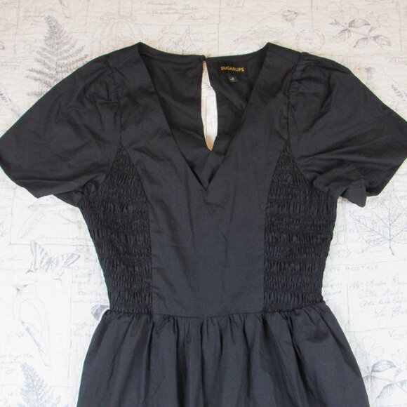 NEW Sugar Lips Alexis Black Poplin tiered smocked midi dress womens size Small S - Picture 1 of 8